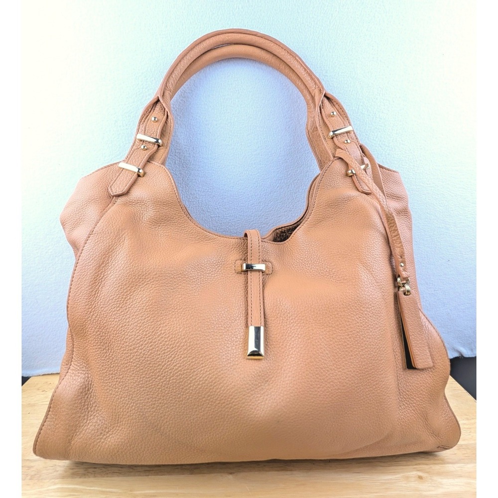 Vince Camuto Tan Pebbled Leather Hobo Bag Gold Hardware Slouchy Shoulder Tote
